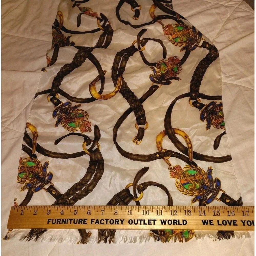 Vintage Ralph Lauren Equestrian Silk Oblong Scarf Crest Horseshoes Fringed